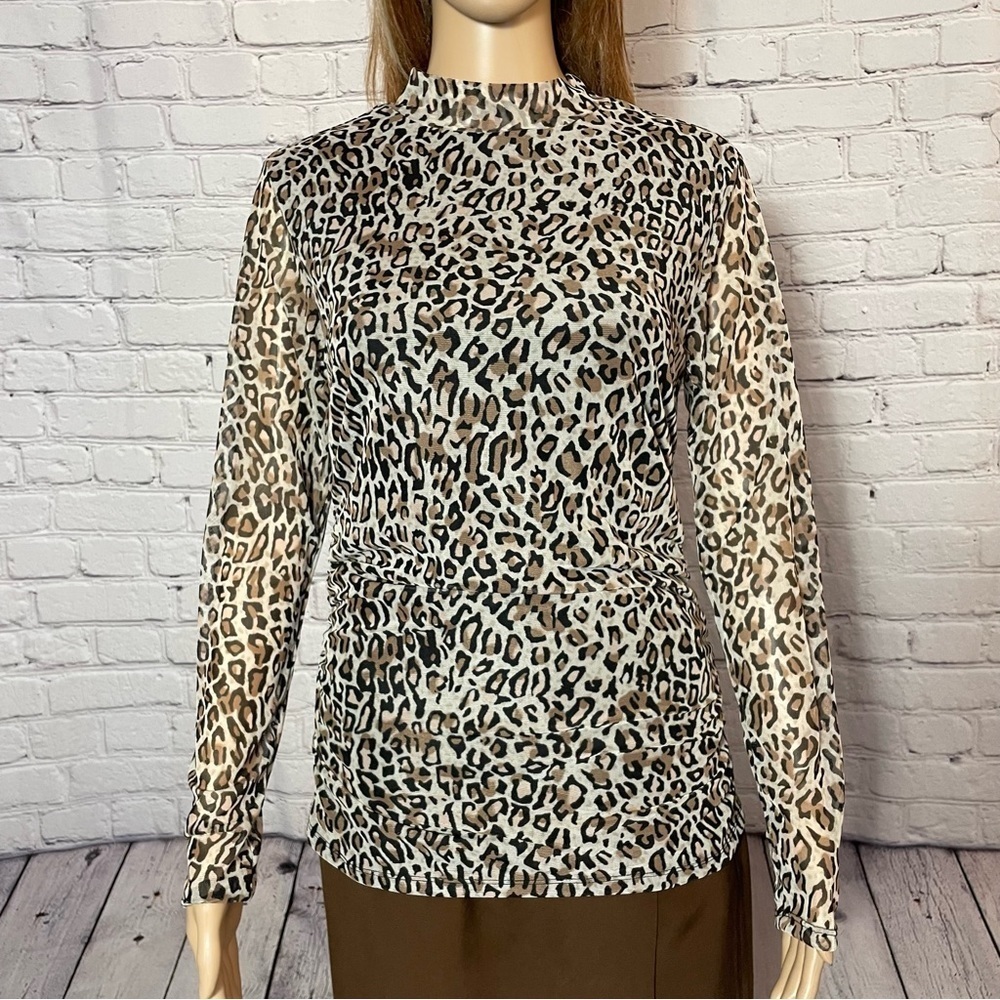 NWT New $69 Adrianna Papell Animal Print Turtleneck Mesh Long Sleeve Top Size L - Picture 9 of 11
